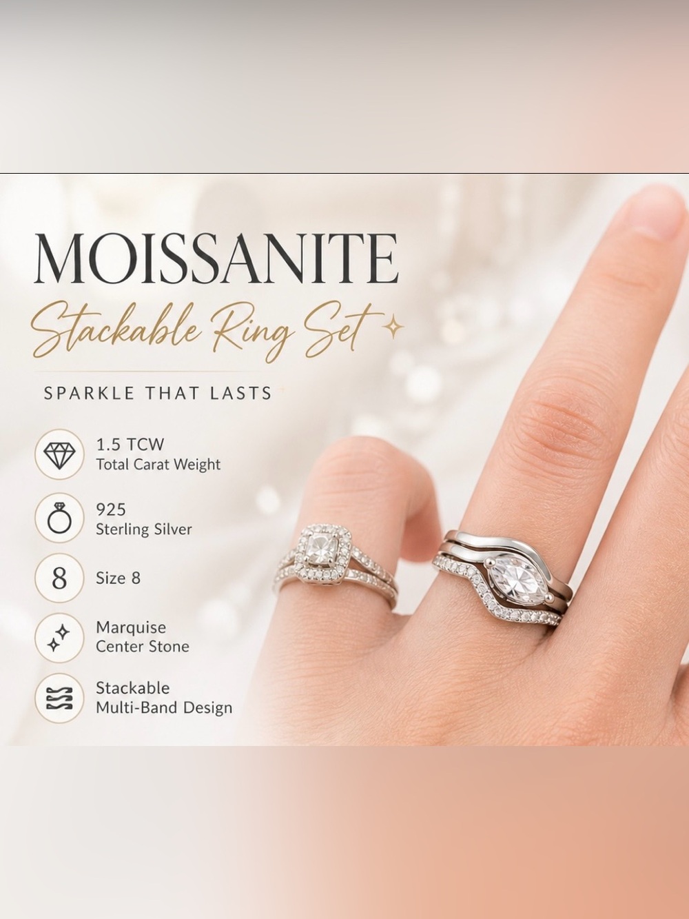 Moissanite Stackable Ring Set in Silver and 1.5 CW